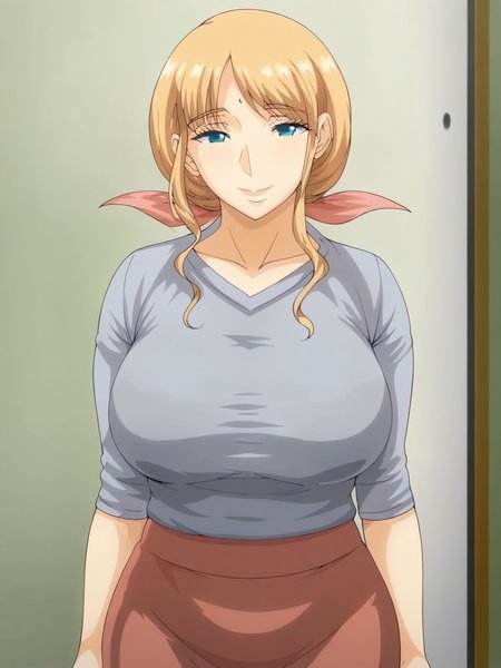 <lora:hitozuma3-ayako>,ayako,1girl,solo,blonde hair, blue eyes,mature female, long hair, shirt,skirt,cowboy shot, looking at viewer, indoors
