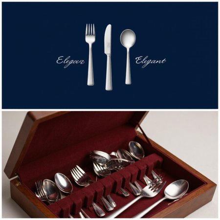 The pair of images highlights the refined branding for a silverware set; [IMAGE1] the logo features a minimalist knife, fork, and spoon design in polished silver tones, with the brand name âElegant Edgeâ in an italicized serif font on a dark navy background; [IMAGE2] the logo is applied to a rich, wooden case containing an organized, luxurious set of silverware, the polished utensils gleaming under soft lighting, creating an aura of sophistication and craftsmanship