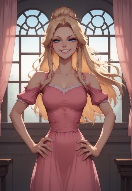 score_9, score_8_up, score_7_up, ava, blonde hair, long hair, blue eyes, long dress, pink dress, volumetric lighting, perfect lighting, window lighting, dining room, easy smile, relaxed expression, perfect hands, standing, upper body shot, detailed face, hands on hips, window, curtains, four fingers, four knuckles, perfect hands, detailed face, perfect face,
