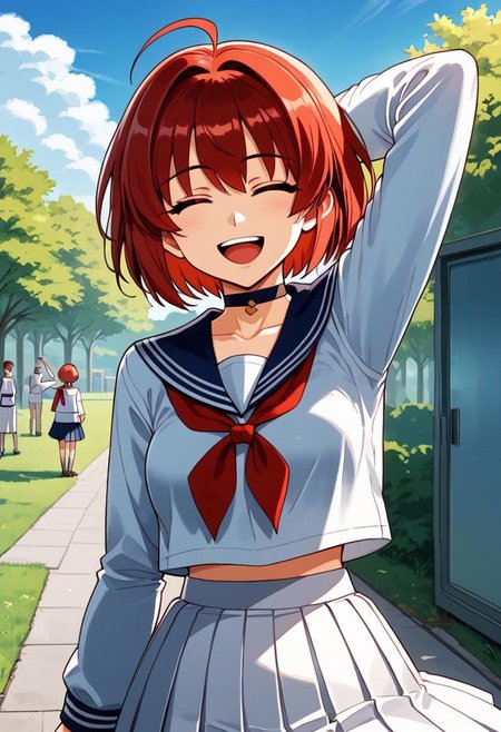 masterpiece, best quality, good quality, <lora:Hiroba_Mahiru_IS:1> HirobaMahiru, 1boy, otoko no ko, red hair, closed eyes, short hair, ahoge,  happy, smile,
 1girl, solo, skirt, school uniform, brown long sleeves, choker, looking at viewer, cowboy shot, 
white skirt, serafuku, :o, standing, pleated skirt, bow, miniskirt, arm behind head, arm up, open mouth,
outdoor, blue sky, morning. 1990s \(style\),