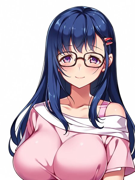 score_9, score_8_up, score_7_up,  
1girl, takatsuki yuuna, blue hair, long hair, hairclip, purple eyes, large breasts, 

glasses, upper body, white background, pink t-shirt, off-shoulder shirt, short sleeves, looking at viewer, smile, blush,