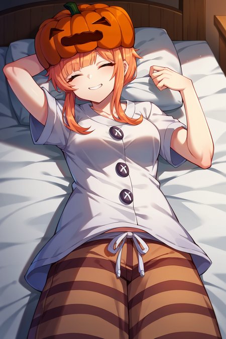 score_9, score_8_up, score_7_up, score_6_up, source_anime BREAK 1girl, solo  <lora:mcsnowgolem-pdxl-nvwls-v1-000005:1> sgolem, pumpkin hat, sleeping, white shirt, pajama pants, bed, smile