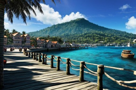 (masterpiece:1.2), (best quality,:1.2), 8k, HDR, ultra detailed, ((photorealistic)), perfect anatomy, pire, ship, pier, over looking a harbor in the caribbean, noon