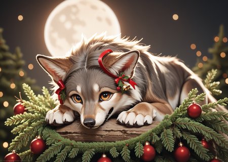 score_9, score_8_up, score_7_up, score_6_up, score_5_up, score_4_up, detailed, realistic, illustration, 8k, wolf howling at a full moon with a christmas wreath around its neck (cute furry feral:1.2), source_furry <lora:Animal_Christmas:0.8> animal christmas