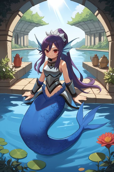 (score_9, score_8_up, score_7_up, score_6_up), source anime, BREAK,
<lora:Ishiene:0.5> , ishdef, 1girl, mermaid, kneeless mermaid, red eyes, long hair, ponytail, purple hair, head fins, fins, blue scales, wings, armor, arm guards, metal collar, full body, sitting, garden, pond, courtyard, looking at viewer, smile, tea, <lora:zy_Detailed_Backgrounds_v1:0.3> , detailed background, highly detailed, ruins, swimming, ocean, lake, partially submerged, sunlight,  <lora:HerrscherAGGA2024_CuteToon_Minus_PonyXL:0.7>