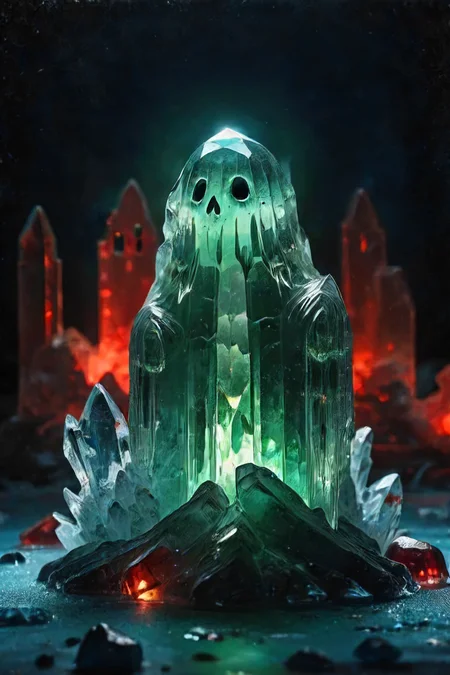 detailed background, glowing green crystals on blue ice with red caustics reflecting a broken ghost, ior 2.418, refraction, graveyard backdrop, dark, composition, low-key, eerie, translucent, illumination,  <lora:ral-crztlgls:0.5>,  SDXL_TI_my_eyes_are_bleeding