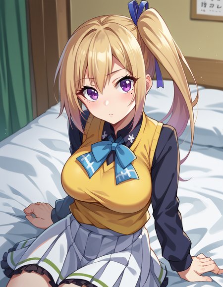 score_9, score_8_up, score_7_up, source_anime,
maikawakami, <lora:mai-kawakami-ponyxl-lora-nochekaiser:1>,
mai kawakami, blonde hair, hair ribbon, long hair, mole, mole under eye, ribbon, side ponytail, purple eyes
school uniform, skirt, vest, yellow vest, skirt, white skirt,
indoors, bed, bed room, on side,
looking at viewer, dutch angle, cowboy shot,
