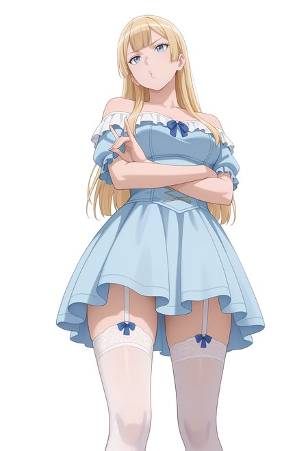 Smooth Quality,masterpiece,very intricate, high quality details, ultra realistic, high detailed skin,
simple background, white background,
from below,o3o,fox shadow puppet,standing, arms crossed, head tilt, serious, balanced stance, confident,  ,
off-shoulder top, ,garter straps, , 
<lora:Rembrandt_Sifcnn:0.8> RembrandtSif/cnn, 1girl, solo, long hair, blonde hair, blue eyes,