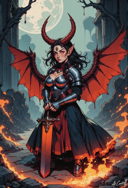 MysticComic, A demon woman, with long black hair, large red-brown horns, and pointed ears, stands amidst a volcanic eruption.  She wears dark, ornate plate armor, and holds a large, intricately detailed sword. Her wings are large, crimson red, and draping.  The scene is set in a ruined, ancient-looking structure or cavern, with gray and muted tones giving a sense of decay.  Bloodstains and splatters are prominent across the rough stone walls. The fire from the volcano is a fiery orange/red, with splashes and glowing lava.  The overall aesthetic is painterly, and stylized, more impressionistic rather than hyperrealistic, with bold outlines and rough brushwork.  Include intricate details on the armor and sword, with a vivid color palette contrasting the gray surroundings, but still using muted tones and bold colors.  The woman's expression should be fierce and menacing, with a hint of dark magic.  Add a sense of drama and intensity to the composition.<lora:CustomFlux/MysticComic-v3.safetensors:1.0:1.0> <lora:CustomFlux/MysticFantasy.safetensors:0.25:0.25>