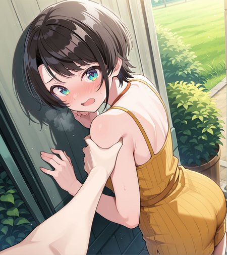 <lora:add-detail-xl:0.5>,,masterpiece,best quality,anime coloring,anime screenshot,
<lora:Cheek_Grabbing_Material:0.6>Cheek_Grabbing_Material,  
1girl, from side, open mouth, heavy breathing, pov,
(grabbing shoulders), hand on shoulders, bare shoulders, shy,blush, pov hand,
cowboy shot, standing, looking back, 
outdoors, 
oozora subaru, hololive, official art, 
20YO, milf,