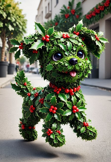M1STL3T03, (medium full shot) of a cute dog made of holly mistletoe, big eyes, smiling, running, set in the streeet, best quality, masterpiece