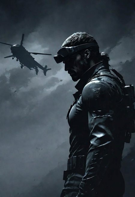 Sideview Silhouette shadow minimalism, Sci-fi Snake mgs, 1male, Metal Gear Solid, 
Standing in door of flying Helicopter, light From behind, cyberwear Headband, Bedouin magician, very detailed, hd, DARK silver used spaceship Background, foggy, smoke, dimmed backlight, PEHighContrast