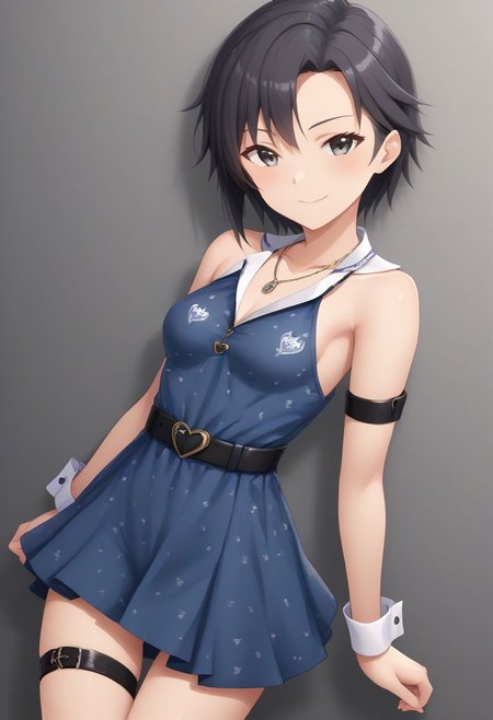 1girl, solo, kikuchi makoto, 
1girl, arm strap, bare arms, bare shoulders, belt, black hair, blush, collarbone, dress, grey eyes, heart, jewelry, looking at viewer, multiple belts, neckerchief, pendant, print dress, shirt, smile, solo, thigh strap, wrist cuffs
masterpiece, best quality, very aesthetic, absurdres,