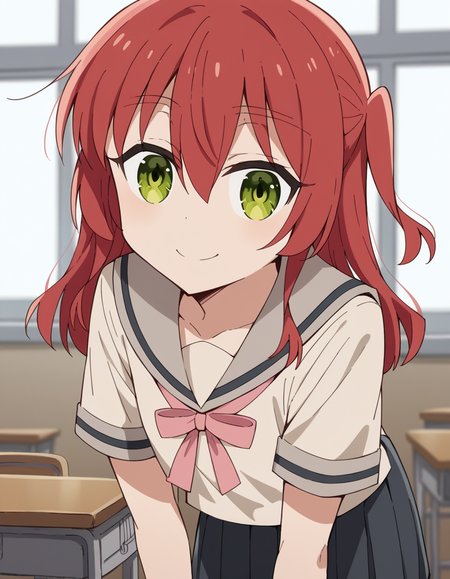 score_9, score_8_up, score_7_up, source_anime,
kitaikuyo, <lora:ikuyo-kita-s1-ponyxl-lora-nochekaiser:1>,
ikuyo kita, green eyes, hair between eyes, long hair, one side up, red hair,
black skirt, grey sailor collar, pleated skirt, sailor collar, school uniform, short sleeves, shuka high school uniform, skirt,
indoors, classroom, bent over, smile,
cowboy shot, solo, dutch angle, looking at viewer,