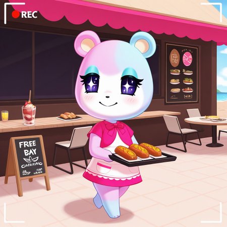 best quality, masterpiece, Full Body, Romantic, Small, Body, Furry, judyac, animal crossing, 1girl, solo, furry, bear, two-tone fur, light pink fur, light blue fur, white muzzle, purple eyes, star pupil, blush, blue eyeshadow, pink dress, beach, restaurants, serving food, carry tray, walking, outside lobby, board walk, beach chair, beach table, umbrella, recording, sign of buzz, sign said buzz sign writing say buzz, smile, holding a sign, sign said " free_buzz_food", writing buzz