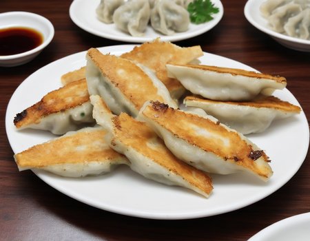 A delectable presentation of gote (dumplings) beautifully arranged on a plate. The gote are golden brown, freshly cooked with visible pleats, and garnished with herbs or a dipping sauce. The plate is set on a table with elegant tableware, perhaps with chopsticks or a traditional serving spoon. The scene should be as vivid and appetizing as a high-resolution photograph in a gourmet magazine, with warm and inviting lighting that emphasizes the texture and color of the gote , the shine of the sauce, and the elegance of the presentation, <lora:GT:0.75>,