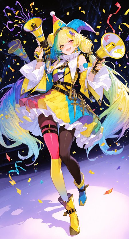 masterpiece, best quality, good quality, very aesthetic, absurdres, newest, 1girl, dynamic, solo, long hair, looking at viewer, smile, open mouth, blonde hair, long sleeves, hair ornament, dress, hat, holding, jewelry, very long hair, twintails, blue hair, purple eyes, full body, pink hair, weapon, multicolored hair, :d, pantyhose, earrings, frills, boots, teeth, food, detached sleeves, green hair, belt, pink eyes, wide sleeves, holding weapon, bracelet, gun, thigh strap, gradient hair, upper teeth only, aqua hair, heterochromia, thigh boots, pointing, holding gun, instrument, index finger raised, buckle, asymmetrical legwear, personification, high collar, belt buckle, multicolored eyes, confetti, yellow dress, mismatched legwear, strap, yellow footwear, jester cap, yellow headwear, colorful, asymmetrical footwear, megaphone, mismatched footwear, trumpet, party hat, party popper, pointy footwear, multicolored headwear, rainbow hair, jester, pointy hat, dynamic angle, <lora:spo_sdxl_10ep_4k-data_lora_webui:0.6> <lora:ponyv5_noobV065S_1_adamW-000013:0.7> <lora:USNR_STYLE_XL_lokr:0.45> <lora:GBF_Illustrious:0.4> <lora:748cmSDXL:0.8> <lora:noobai_ep11_stabilizer_v0.58_fp16:0.8>