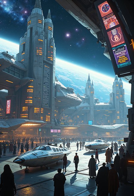 A masterpiece of (future video game scene) style created by the collaboration of Mandalas and Sacred Geometry Artists and Wassily Kandinsky.    Imagine a future video game scene from an epic sci-fi RPG set in a bustling space station. The photograph captures the vibrant chaos of the central hub area from a unique, almost bird's-eye view.**Shooting Angle:** The camera is positioned directly above the central docking bay, at an angle that gives viewers a 45-degree look down onto the scene below. This perspective highlights the intricate web of activity and movement without making any single element too dominant in the frame.**Scene Description:**At the center of the photograph, we see a massive docking bay filled with glimmering space shuttles and sleek starships. The hulls of these ships are illuminated by the soft blue light from overhead panels, creating a mesmerizing display of metallic textures and reflections. In the foreground, two robotic assistants—designed with advanced AI and humanoid features—are busy loading cargo into one of the vessels. Their movements are captured in mid-action, giving a sense of dynamic motion.Surrounding this central bay, there is a bustling crowd of intergalactic travelers, each species represented by their unique attire and physical traits. The scene is alive with the sound of alien languages and mechanical hums from various devices. A colorful holographic display in one corner projects information about upcoming missions and destinations, adding to the futuristic ambiance.The upper half of the photograph features a sweeping view out into space, revealing distant stars and nebulae. This gives the scene an expansive feel, contrasting with the crowded activity below.**Colors:**The overall palette is a blend of metallic grays, blues, and whites for the ships and station elements, along with warm tones from the lighting and ambient glow of the crowd. The holographic displays and reflections add vibrant bursts of color that catch the eye.**Impact:**This unique perspective not only captures the action but also conveys the scale and complexity of the space station environment. It invites viewers to explore the scene further, whether by zooming in on specific details or imagining themselves as part of this futuristic society.    HD32K, hyperdetailed, best quality, aidmaMJ6.1.