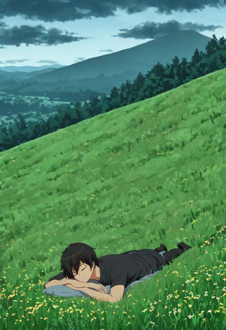 high resolution, solo, best quality, 1Boy, Kanie Seiya, Black Hair, relax, sleep, meadow, hill, cloudy, OverallDetail