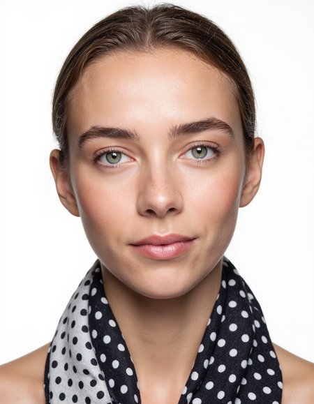 high resolution digital photograph, Woman with a polka dot scarf, bright eyes, and a cheerful expression, Ring light highlights the eyes and face evenly, perfect for a makeup portrait with a simple background