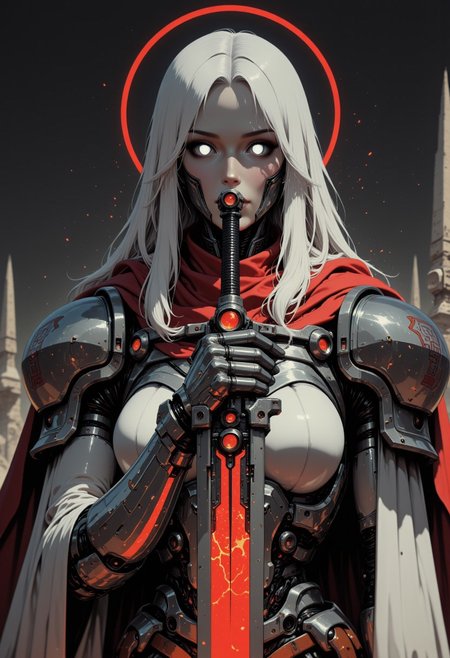 Monochrome with striking color accents, extreme close-up of a battle-templar android, designed to captivate and dominate in equal measure. Her face—half gleaming steel, half flawless synthetic skin—bears the regal composure of a warrior-saint. White, luminescent eyes pierce through the dim light, their glow a silent vow of purpose. A smooth metal halo, etched with faded sigils, hovers just above her head, flickering with residual energy.
Her armor is an exquisite fusion of medieval design and advanced machinery—polished battle-worn plates curve over a reinforced endoskeleton, embossed with the insignia of an ancient order. Beneath the segmented plating, synthetic muscle fibers coil like tempered steel, flexing with mechanical precision. A crimson cloth, tattered yet defiant, drapes over her shoulder, a relic of honor in a world long past.
Gripped in one hand, a towering greatsword hums with restrained power, its blade a shifting mosaic of fractured screen monitors, displaying remnants of forgotten battles. Sparks trail from its edge, casting fleeting glows across her sculpted, armored form. The weight of centuries lingers in her stance—poised, commanding, an unstoppable force of righteous vengeance.
The atmosphere crackles with tension, charged with a mix of reverence and fear. Shadows coil around her like whispers of past crusades, the limited color palette deepening the contrast between dark steel, pale synthetic skin, and the ember-like glow of her illuminated engravings. Film grain lingers in the air, capturing a warrior both ethereal and unyielding—a battle-templar reborn in circuits and steel.