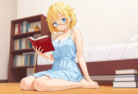 Shinohara Mari, blonde hair, short hair, hair flaps, glasses, red-framed eyewear, semi-rimless eyewear, blue eyes, 
1girl, reading a book, jyoji fuku, dress, bare shoulders, white dresss, skirt, barefoot
wariza on floor, girl in front of white bed, bedroom as background, (one bookshelf:0.75), 
medium full shot, medium wide shot, low angle