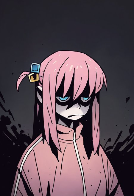 1girl, solo, gotoh hitori, shaded face, portrait, dark background, 
masterpiece, best quality, <lora:Mike_Mignola-guy90-Illust-Lycorisv1:1> alomik