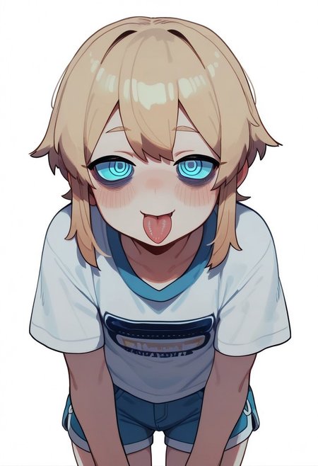 PonyScores7, score_9, score_8_up, score_7_up, Score_6_up, Score_5_up, Score_4_up,  source_anime, hi res, masterpiece, best quality, detailed, amazing quality, detailed background, detailed eyes, clean eyes, best quality, highres, Brittle_PS, 1girl, solo, blush, tongue out, leaning forward, blouse, short shorts, simple background, white background, looking at viewer, detailed