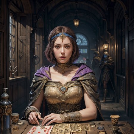 RAW photo, (masterpiece:1.3), subsurface scattering, heavy shadow, (high quality:1.4), (intricate, high detail:1.2), professional photography, HDR, High Dynamic Range, realistic, ultra realistic, photorealistic, high resolution, film photography, ambient lighting, atmospheric effects, <lora:detail_slider_v4:2>, OverallDetail, epic medieval fantasy, a gambler playing cards in a medieval inn, wearing an intricate gown with deep purple short hair, headband, choker, leather wristband,  cloak, in the evening, <lora:zoom_slider_v1:-1.5>,  <lora:cleavage:-1>, in the style of Michael Whelan, mwhelan, <lora:mwhelan:1>, epiCPhoto