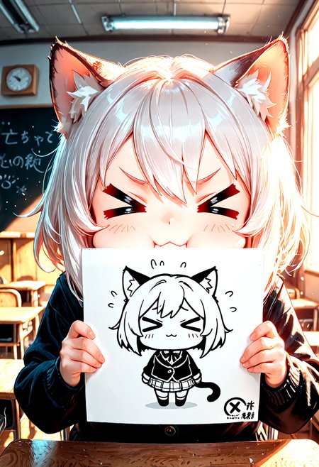 Smooth Quality, 1girl, solo, cat girl, classroom, >_<, holding drawing of chibi cat girl with >_< expression, classroom,  <lora:Smooth_Lighting_Enhancer:0.5>​​​ <lora:Smooth_Booster_v2:1>​​