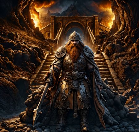 RAW photo, (masterpiece:1.3), subsurface scattering, heavy shadow, (high quality:1.4), (intricate, high detail:1.2), professional photography, HDR, High Dynamic Range, realistic, ultra realistic, photorealistic, high resolution, film photography, ambient lighting, atmospheric effects, <lora:detail_slider_v4:2>, OverallDetail, a dwarven warrior in intricate armor, on a stone (bridge) in underground cave, lava, fire, dwarven mine, Moria,  <lora:Bridge:0.86>, dwarfwarrior, <lora:DwarfWarrior:0.5>, looking at viewer, epiCPhoto