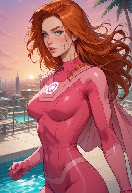 score_9, score_8_up, score_7_up, 
BREAK, 
1girl, solo, 1girl, ginger long hair, superhero suit , flying, from back, teardrop breasts, background swimming pool on top of a building, city, pink sunset, palm trees, large grand theft auto 6 symbol in the bottom, read description , Expressiveh , g0thicPXL, glowing, neon