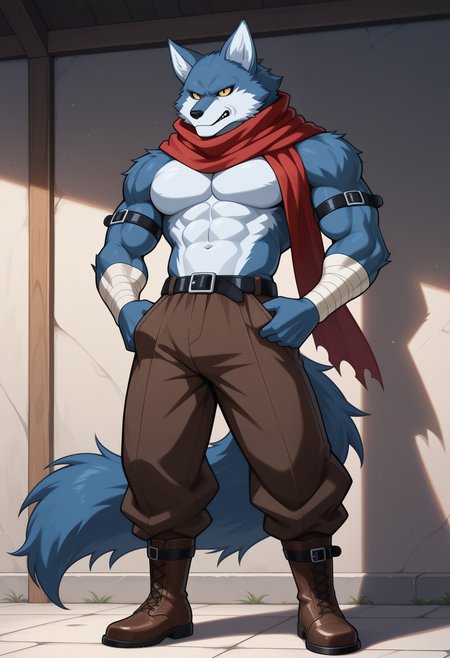 masterpiece,best quality,amazing quality, 1boy, solo, b3rg4m0, wolf boy, blue fur, colored sclera, slit pupils, red scarf, arm belts, bandaged arms, black belt, brown pants, brown boots, tail,  full body, 