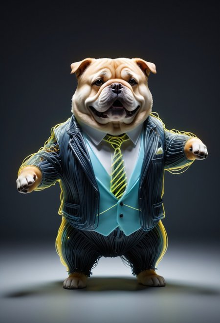 photo of a cute chubby dog standing wearing a business suit made of tiny neon glass filaments, make CivChan happy
