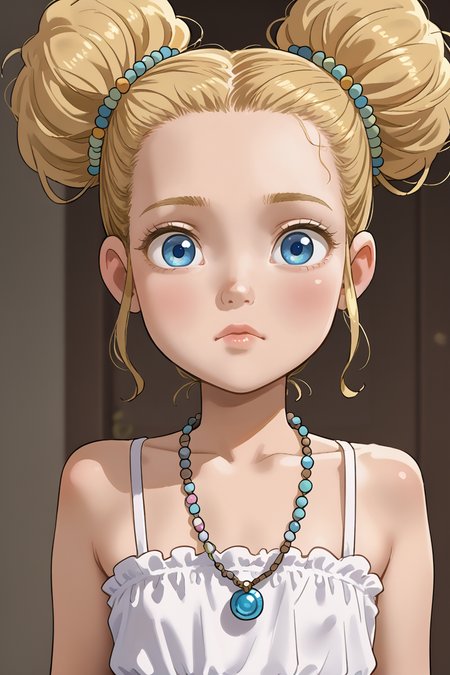 <lora:Goldilocks:0.8>
1girl, solo, young, female child, goldilocks, blonde hair, blue eyes, hair buns, hair ornaments, necklace, pretty, cute, flat chest,
confused, looking at viewer,
 <lora:Jabstyle_AMXLV1:1>