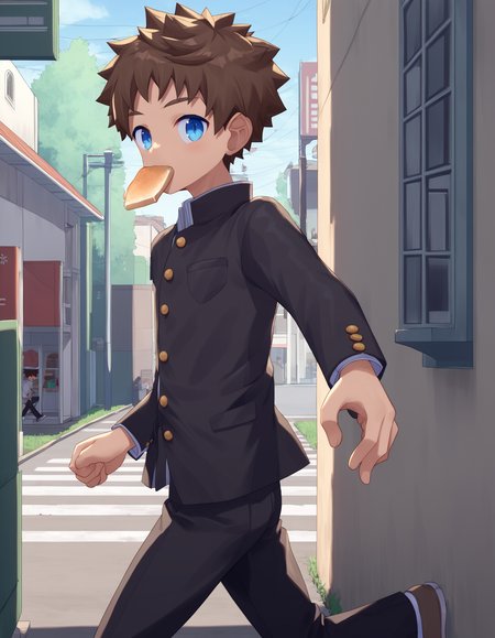 score_9, score_8_up, score_7_up, score_6_up, source_anime, outdoors, street, wall, house, sunlight, from side, 1boy, solo, brown hair, blue eyes, school uniform, gakuran, black pants, toast in mouth, running, looking at viewer <lora:rukiruki_AMXL_v1e-ShoAI:1>