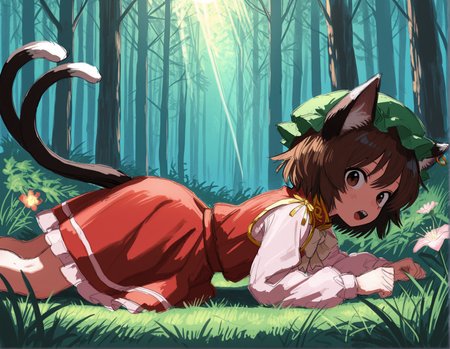 1girl, Chen, touhou, dark brown eyes, brown hair, green cap, cat ears, gold earring, two tails, red dress, bow on collar, gold trim, light pink frills, pink sleeves, looking at viewer, laying in grass, laying on stomach, open mouth, bent leg, surprised, BREAK , from side, side view, forest, sun rays, ((bloom)), ((shadows)), (strange) flower, BREAK , best quality, highres, extremely detailed, (oil painting), (sketch) <lora:HBRSK_LR3e-4T3e-564dim_4ks:1.05>
