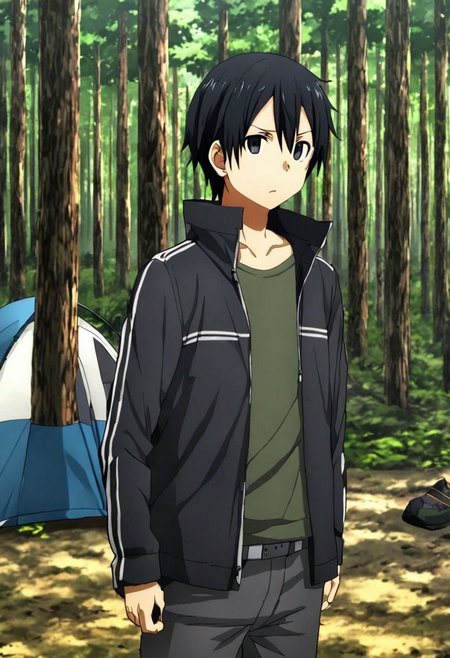 high resolution, solo, best quality, 1Boy, Kazuto Kirigaya, Black Hair, Black Eyes, forest, camping, OverallDetail
