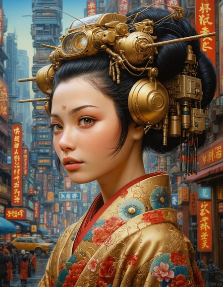 highly detailed and hyper realistic traditional painting by Naoto Hattori and by Boris Kustodiev, a extremely beautiful neotraditional cyberpunk geisha in a futuristic cyberpunk setting of Neo Tokyo , limited palette, monochrome, atmospheric haze, highly dramatic lighting, professional, excellent composition, finest details, maximized details, ultimate detail level, masterpiece, best quality