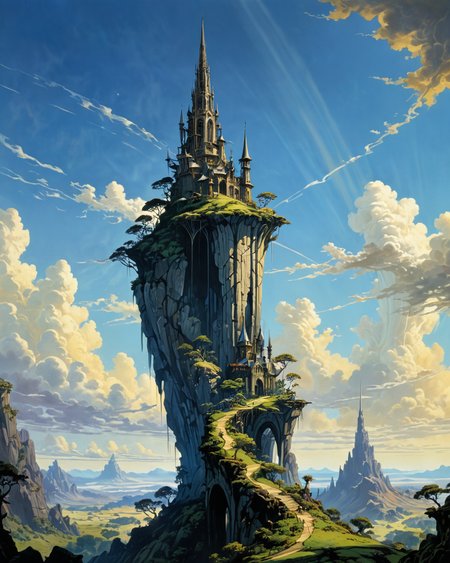 (landscape in the style of Roger Dean:1.4), (single slender towering spire with graceful curves arching up into the sky:1.9), (Rodney Matthews:1.3), closeup on a princess, high contrast, (chiaroscuro:1.5), <lora:add-detail-xl:0.75>, <lora:xl_more_art-full_v1:0.5>