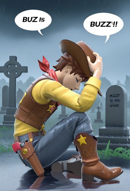 masterpiece,best quality,amazing quality,very aesthetic,absurdres,newest, beautiful color,
ToyWoody, solo, 1boy, brown eyes, brown hair, cowboy hat, yellow shirt, cowboy boots, red bandana, jeans, holster, sheriff badge, vest, wet skin, wet hair,
detailed hands, sitting on ground, sitting next to grave, head tilted down, eyes closed, hands on head, outdoors, graveyard, raining, 3d, side view,  dynamic pose,
 super smash bros style, fake screenshot, ingame, 3d model, smash bros stage, stage background, dynamic pose, speech bubble,english text, talking, "BUZZ IS GONE" in the speech bubble