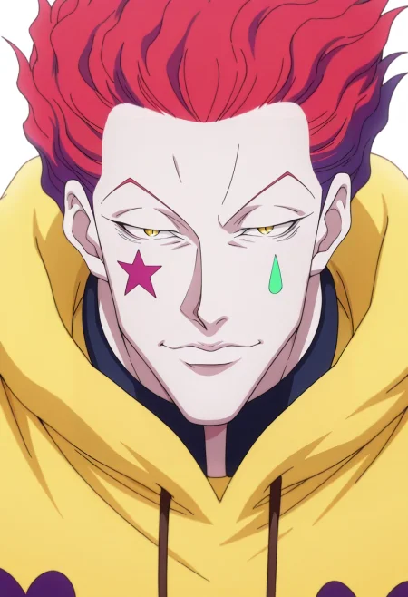 masterpiece, best quality, intricate details, anime screencap, anime coloring, official style, , 1boy, solo, male focus, <lora:hisoka_morow_ilxl:1>, hisoka_morow, red hair, yellow eyes, facial mark, star \(symbol\), , lion costume