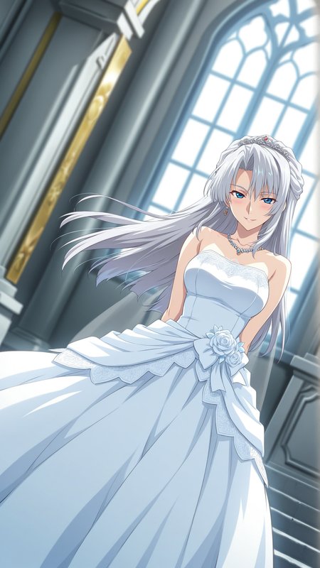 source_anime, general, best quality, masterpiece, 1girl,  <lora:Calvina_ill:1> calvina\(srw\),silver hair,long hair,blue eyes, jewelry, necklace, wedding dress,chapel,dynamic pose, dutch angle, seductive smile, (embarrassed:0.8),