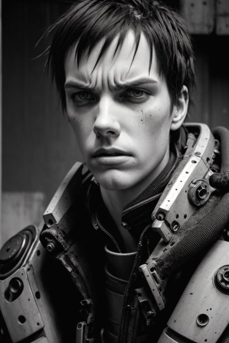 muted colors,RAW photo,realistic,detailed,8k uhd, dslr,sharp,volumetrics dtx,soft lighting,futuristic, cyber suit,killy, man, strong, manly,((pale skin)), scars, messy hair, short hair,bangs, looking at viewer,((facing viewer)), close-up,(angry, expressionless:1.2),menacing,closed mouth,portrait, tubes, concrete, mega structures,decrepit scenery, <lora:blamev2:0.7>