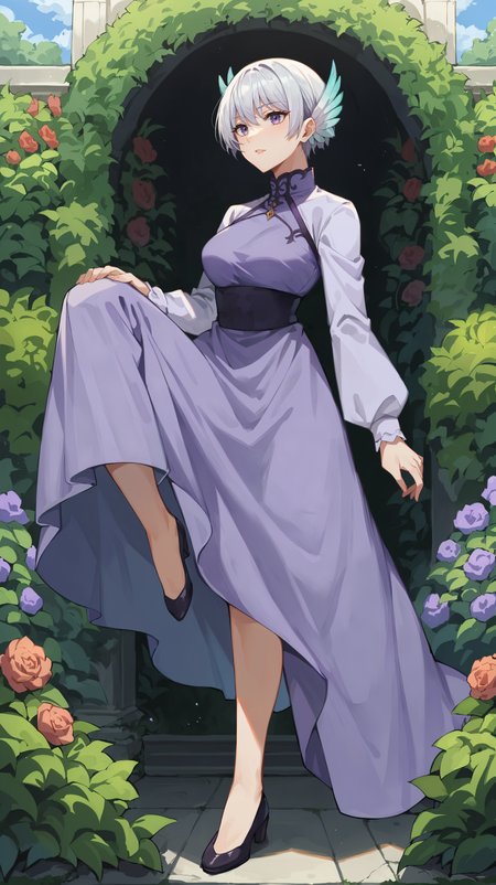 score_9,score_8_up,score_7_up,score_6_up, source_anime, zPDXL, <lora:xl_more_art-full_v1:0.5>, woman, dynamic pose, leg up,  <lora:Lily Front Gritonia - Pony-000004:0.8>, short hair, white hair, purple eyes, head wings, purple dress, long sleeves, long dress, light purple sleeves, garden, flowers, bushes,