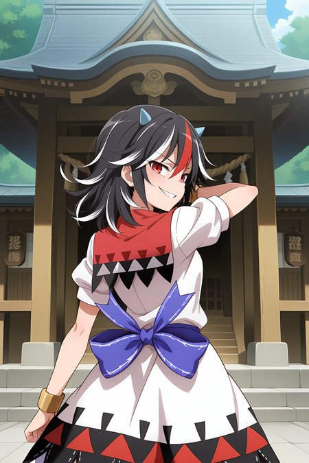 absurdres, highres, masterpiece, best quality, amazing quality, official anime artwork, screencap, anime screencap, outdoors, evil smile, looking at viewer, dynamic pose, from behind, from the back, outstretched arm, shrine, 
 <lora:Seija-Kijin_Illustrious:1> kijin seija, 1girl, solo, red eyes, black hair, multicolored hair, streaked hair, horns,, white dress, short sleeves, blue bow, bracelet, arrow print,
