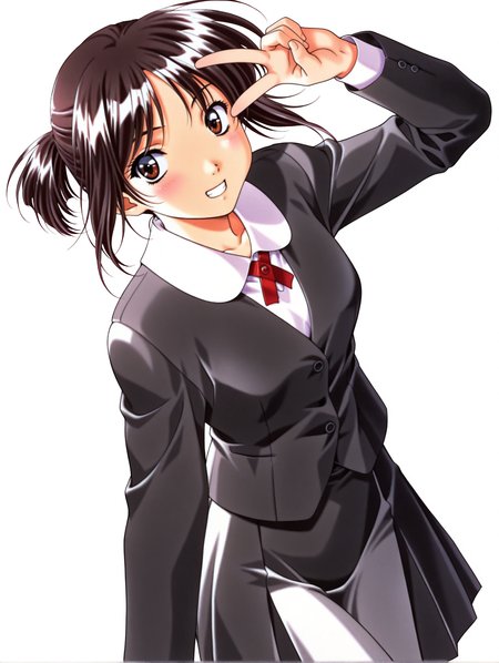masterpiece,best quality,newest,
1girl,solo,
<lora:morii_kaho_ilxl_v1.0:1>,kaho,black hair,ponytail,brown eyes,k_clothes,jacket,long sleeves,pleated skirt,1990s \(style\),retro artstyle,
<lora:Fixhands_anime_bdsqlsz_V1:1>,simple_background,white_background,face_focus,grin,light_blush,looking_at_viewer,smile,v over eye,cowboy_shot,standing,portrait,