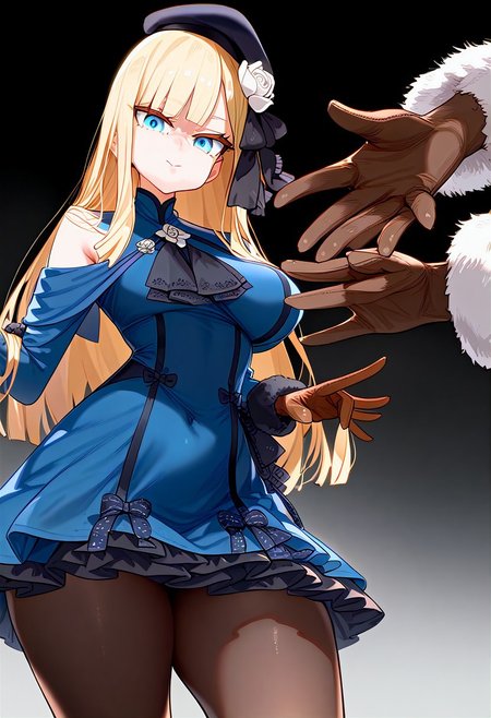 (masterpiece:1.2, best quality), (finely detailed eyes: 1.2) (ultra-detailed, hires), (detailed face, detailed eyes), (best illumination), detailed glow, high contrast, looking at viewer, solo, 1girl, solo, (large breasts, thin waist, wide hips, thick thighs), peaceful, closed mouth, adult, reines el-melloi archisorte, blonde hair, blue eyes, long hair, bangs, blunt bangs, beret, black headwear, black ribbon, blue dress, brown gloves, dress, flower, fur collar, fur trim, fur-trimmed sleeves, gloves, hair flower, hair ornament, hair ribbon, hat, long sleeves, ribbon, rose, tilted headwear, white flower, white rose, black pantyhose, random pose, no background, dark background, (masterpiece, best quality, very aesthetic, absurdres), (ultra detailed perfect piece:1.2), illustration, masterpiece, (extremely detailed CG 8k), (very fine 8K CG), <lora:add-detail-xl:-1>