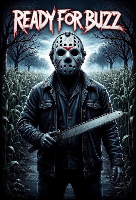 m3t4ll0g0 Text : "READY FOR BUZZ" . Jason character [Friday the 13th] wielding chainsaw, Jason in foreground, solo, moody lighting, horror movie lighting, cornfield in background, spooky trees, spooky fog in background, view from ground up, Jason facing viewer, aidmaHalloweenBoost,