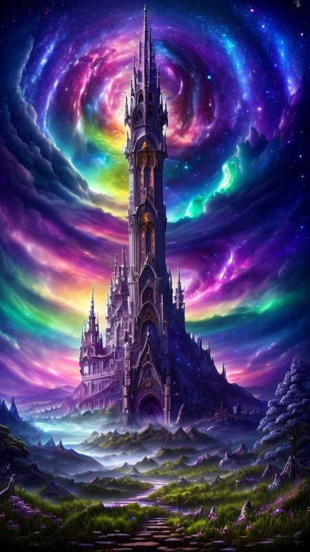 Space-themed, 
Gothic style, 
Dreamscape, 
Stained glass style, 
Masterwork Painting, Magnum Opus, 
 <lora:Wizard_Tower:0.75> witow, castle, cloud, cloudy sky, grass, no humans, scenery, sky, tower, tree, 
<lora:Fantasy_Mountains:0.75> fanmou, footprints, forest, grass, nature, no humans, outdoors, sky ,
  highres, 8k, uhd, High Dynamic Range, tonemapping, crisp details,  intricate details, fine details,
. Vibrant, beautiful, translucent, intricate, detailed,
. Surreal, ethereal, dreamy, mysterious, fantasy, highly detailed,
. Dark, mysterious, haunting, dramatic, ornate, detailed,
. Cosmic, celestial, stars, galaxies, nebulas, planets, science fiction, highly detailed